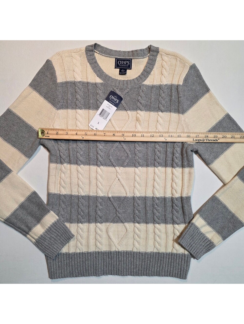 NWT Chaps Classics Striped Cable Knit Crewneck Sweater Grey Cream Women's Large - Picture 3 of 6